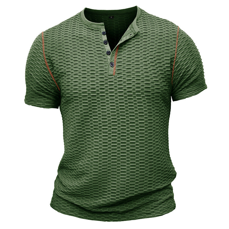Herr T-shirt Henley – Slim Fit – Texturerad Waffle – Kortärmad Vardagsstil