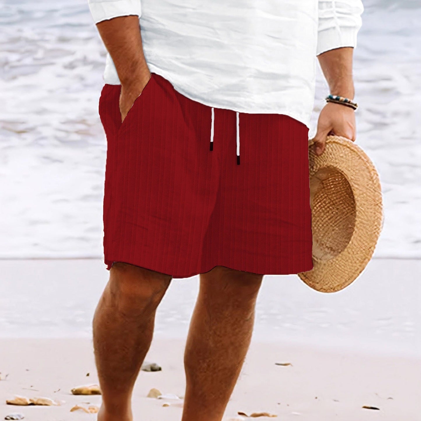 Herrshorts – Bomull Linneblandning – Avslappnad Passform – Dragsko – Flera Fickor