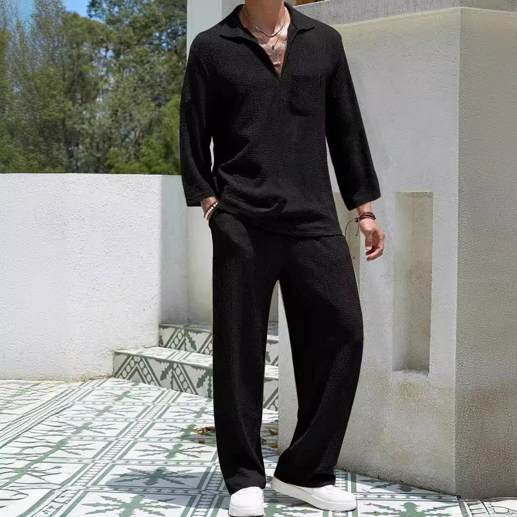 Herr Loungewear-set – Avslappnad Passform – Ribbad Mjuk Trikå – Krage & Hellång Arm