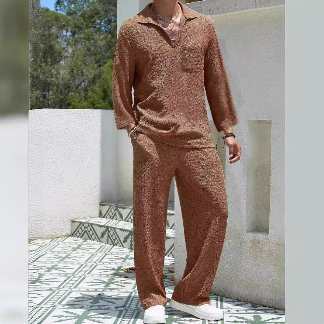 Herr Loungewear-set – Avslappnad Passform – Ribbad Mjuk Trikå – Krage & Hellång Arm