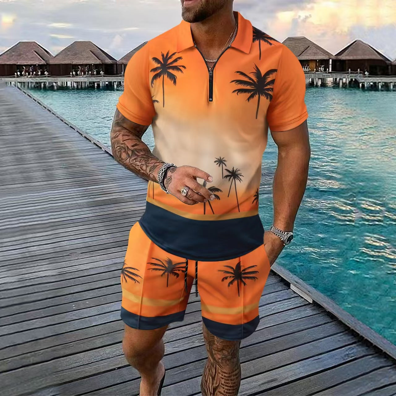 Herrset med skjorta och shorts – Slim Fit – Bomullsblandning – Tropiskt mönster – Dragkedja i halsen