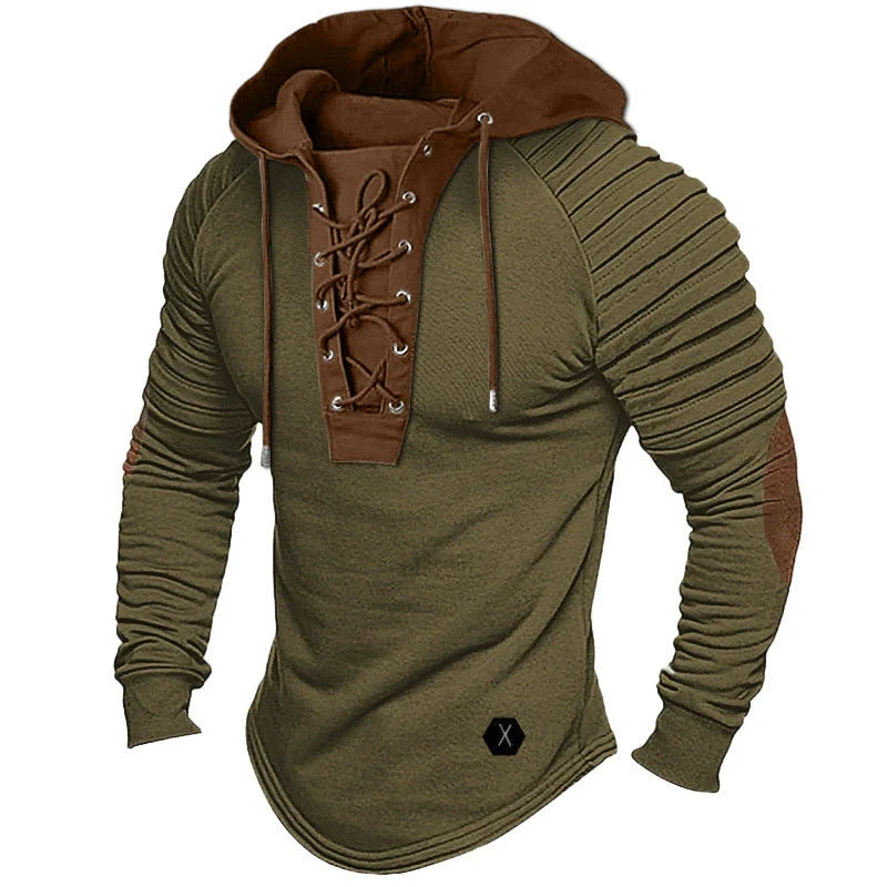Herr Hooded Pullover – Slim Fit – Snörad V-ringning – Plisserade ärmar – Rundad fåll