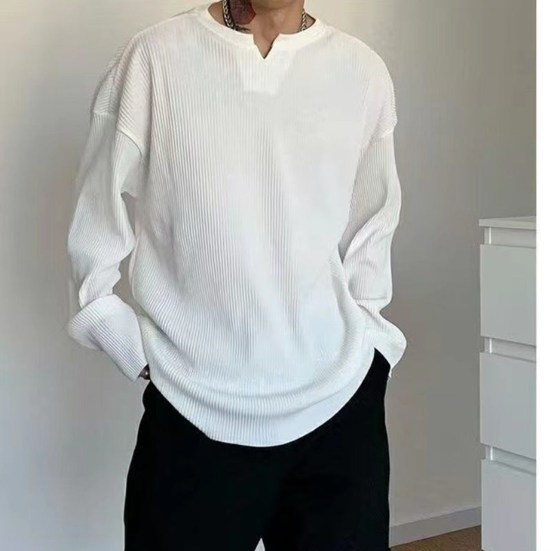 Herr långärmad T-shirt – Ribbstickad – Avslappnad passform – V-ringning – Andningsbar