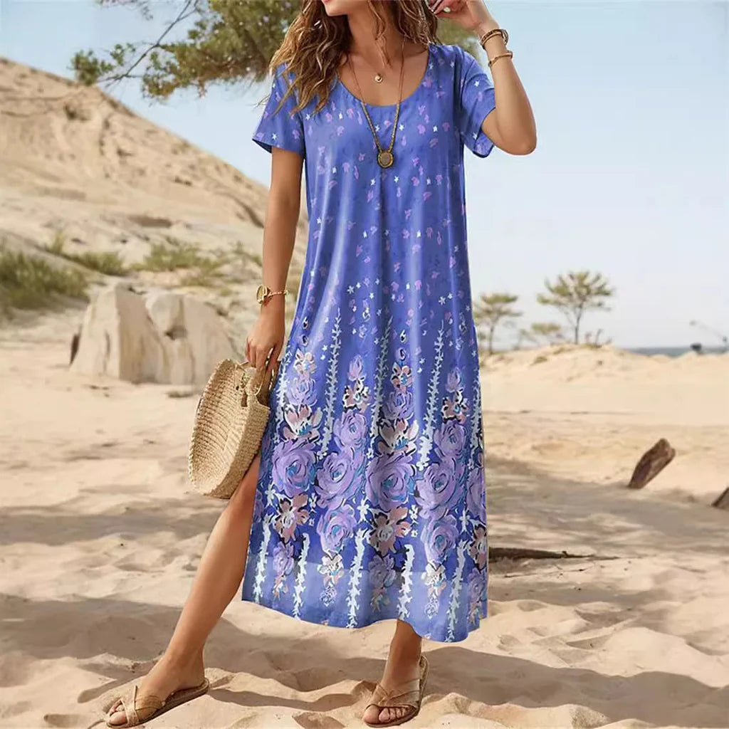 Damklänning midi – Avslappnad passform – Kort ärm – Blommigt mönster – Bomull