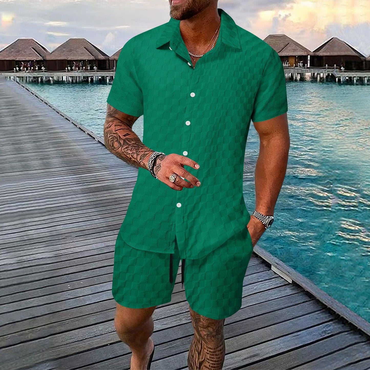 Herr Set med Skjorta och Shorts – Jacquard – Avslappnad Passform – Kortärmad Skjorta