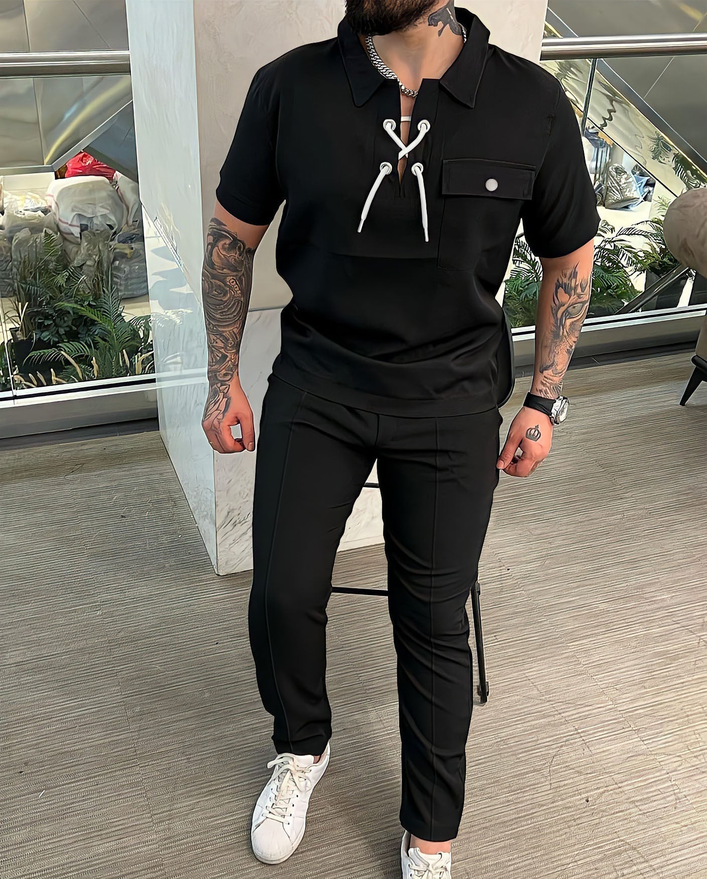 Herr Tvådelat set – Slim fit – Kortärmad med dragsko – Andningsbar stilren look
