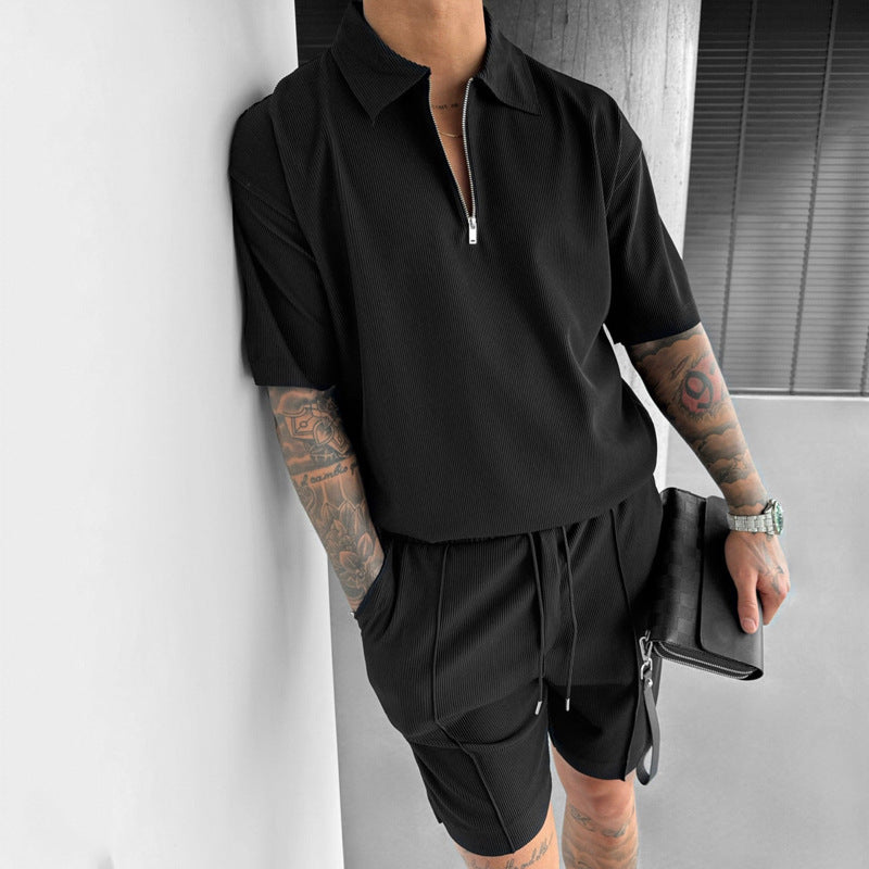 Herrset pikétröja och shorts – Avslappnad passform – Dragkedjekrage – Dragsko i midjan