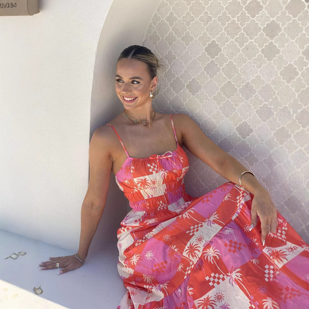 Damklänning maxi – Luftig passform – Spaghettiband – Rynkad överdel – Bomullsblandning