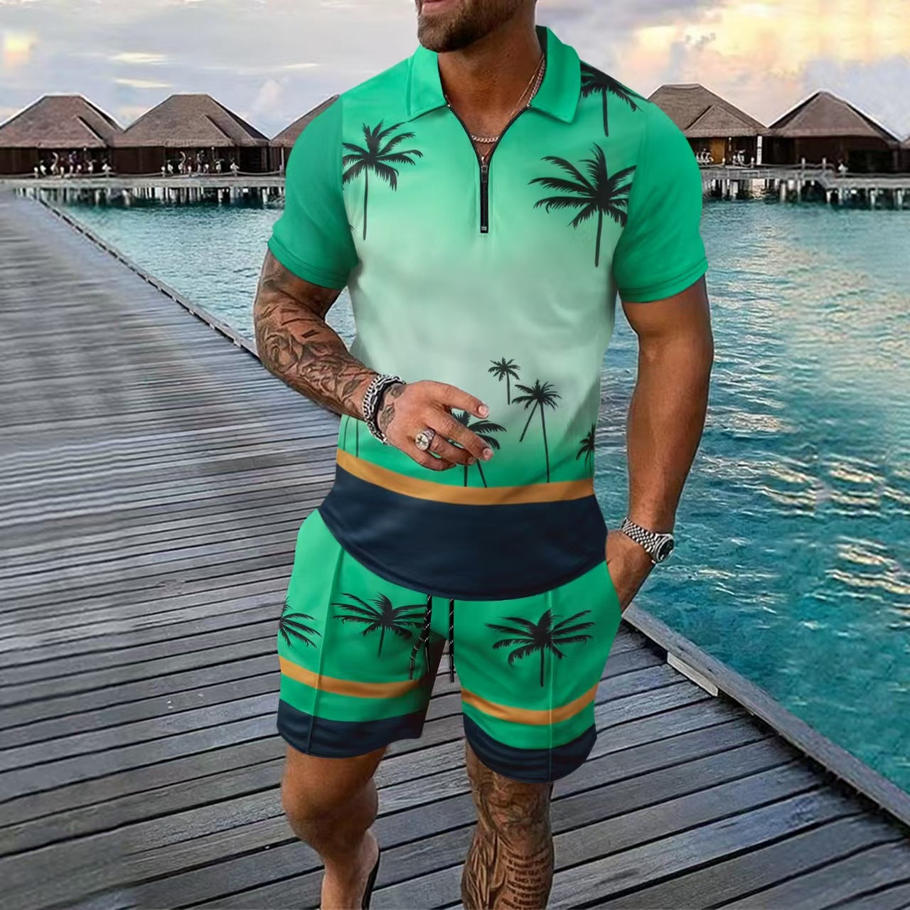 Herrset med skjorta och shorts – Slim Fit – Bomullsblandning – Tropiskt mönster – Dragkedja i halsen