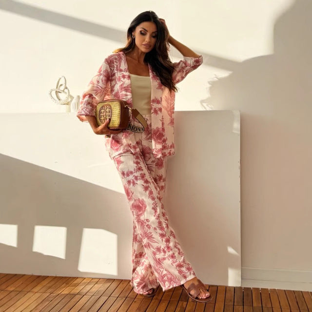Damers tvådelat set – kimono med öppen front – vida byxor – blommigt mönster