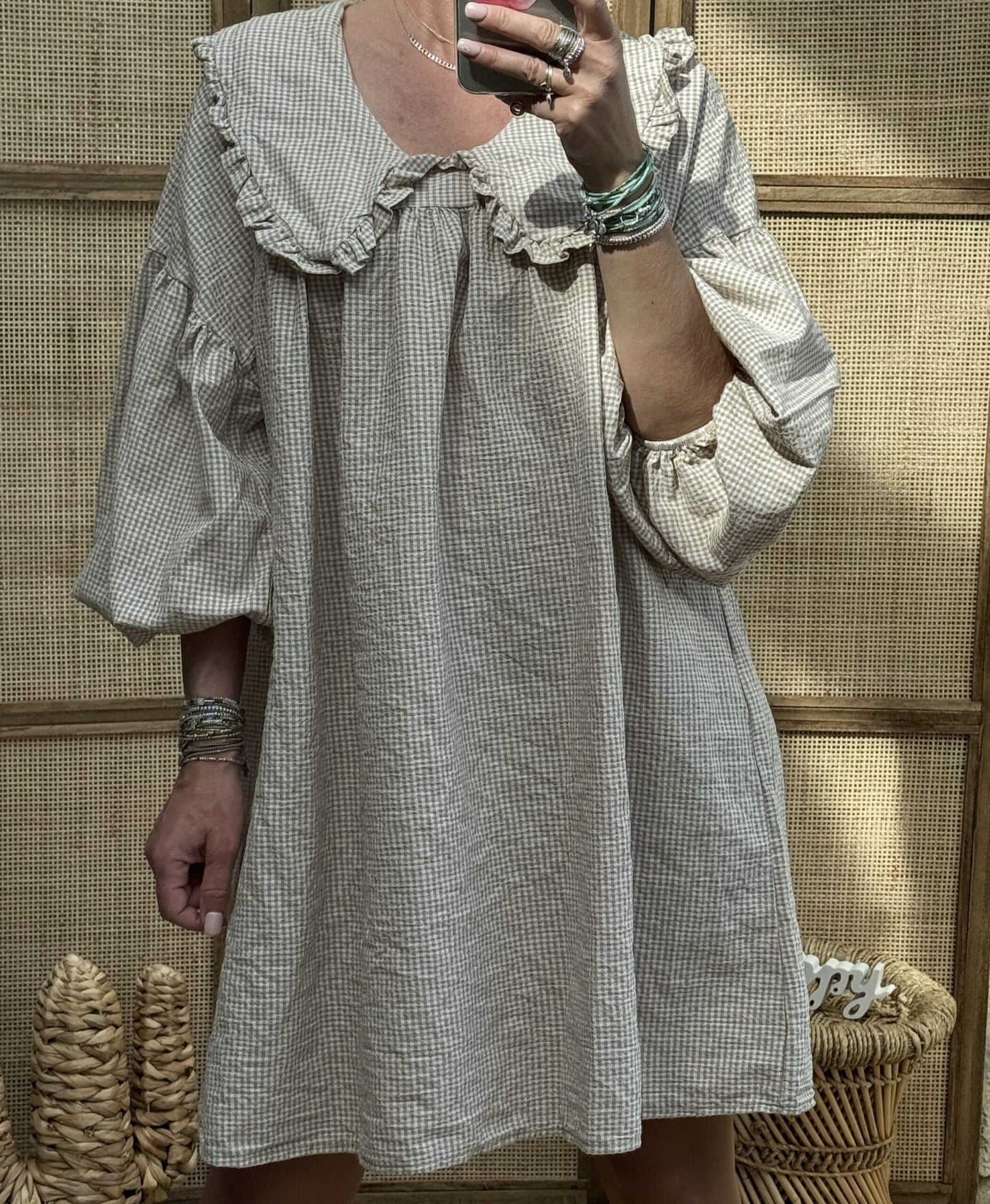 Damklänning A-linje – Bomull – Rutig – Rynkad Peter Pan-krage – Ballongärm