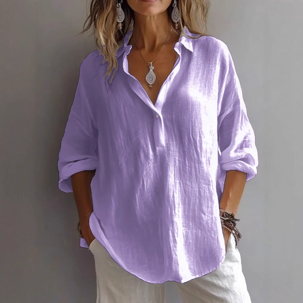 Women’s Relaxed Fit Linen Blouse with Long Sleeves and Open Collar