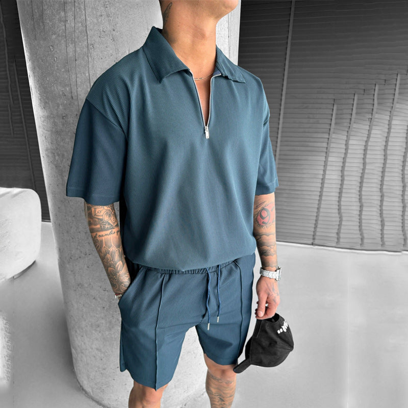 Herrset pikétröja och shorts – Avslappnad passform – Dragkedjekrage – Dragsko i midjan