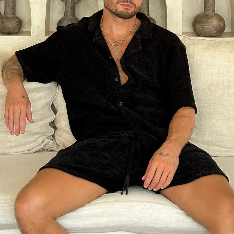 Herrarnas outfitset – Texturerad skjorta med knappar – Avslappnad passform – Dragskoshorts
