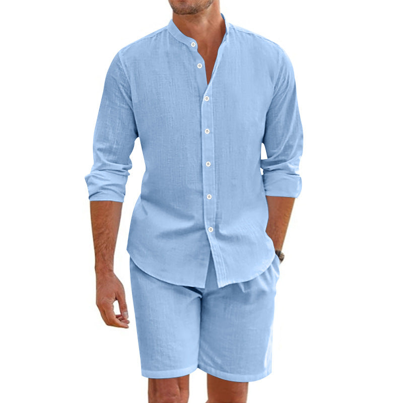 Herrset med linnemix – avslappnad passform – skjorta utan krage och shorts