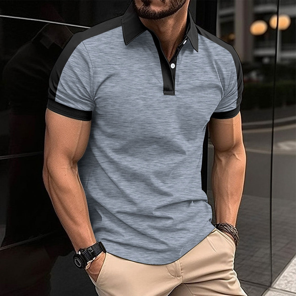 Herr Pikétröja – Slim Fit – Naturliga Fibrer – Kontrastkrage och Ärmslut