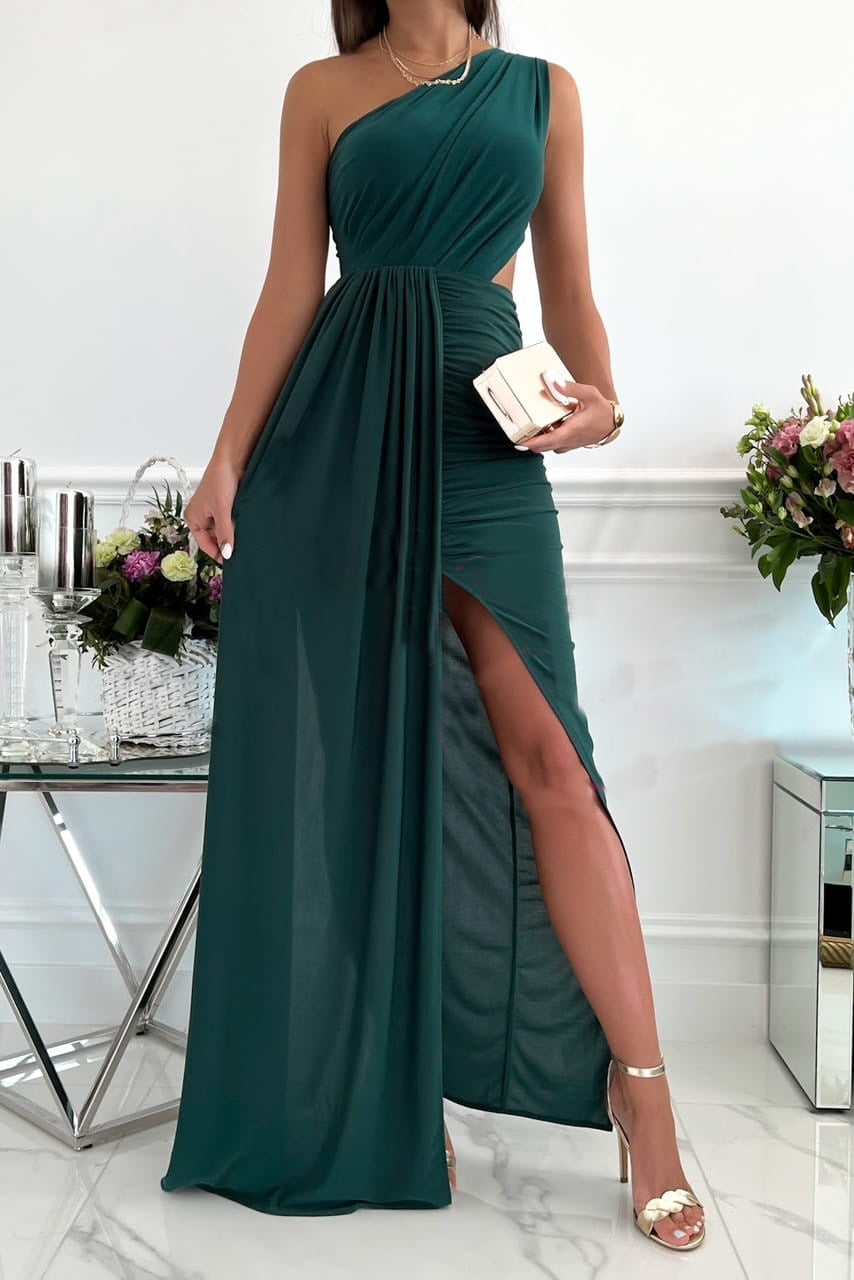 Klänning dam – Slim fit – En axel – Utskuren midja – Draperad design – Slits