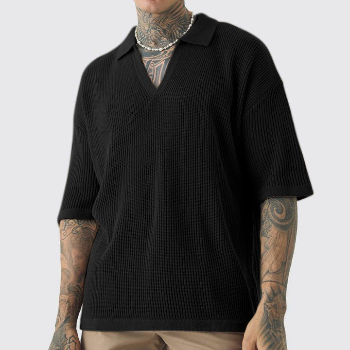 Herr T-shirt – Avslappnad Passform – Texturerad Stickning – V-ringning med Krage