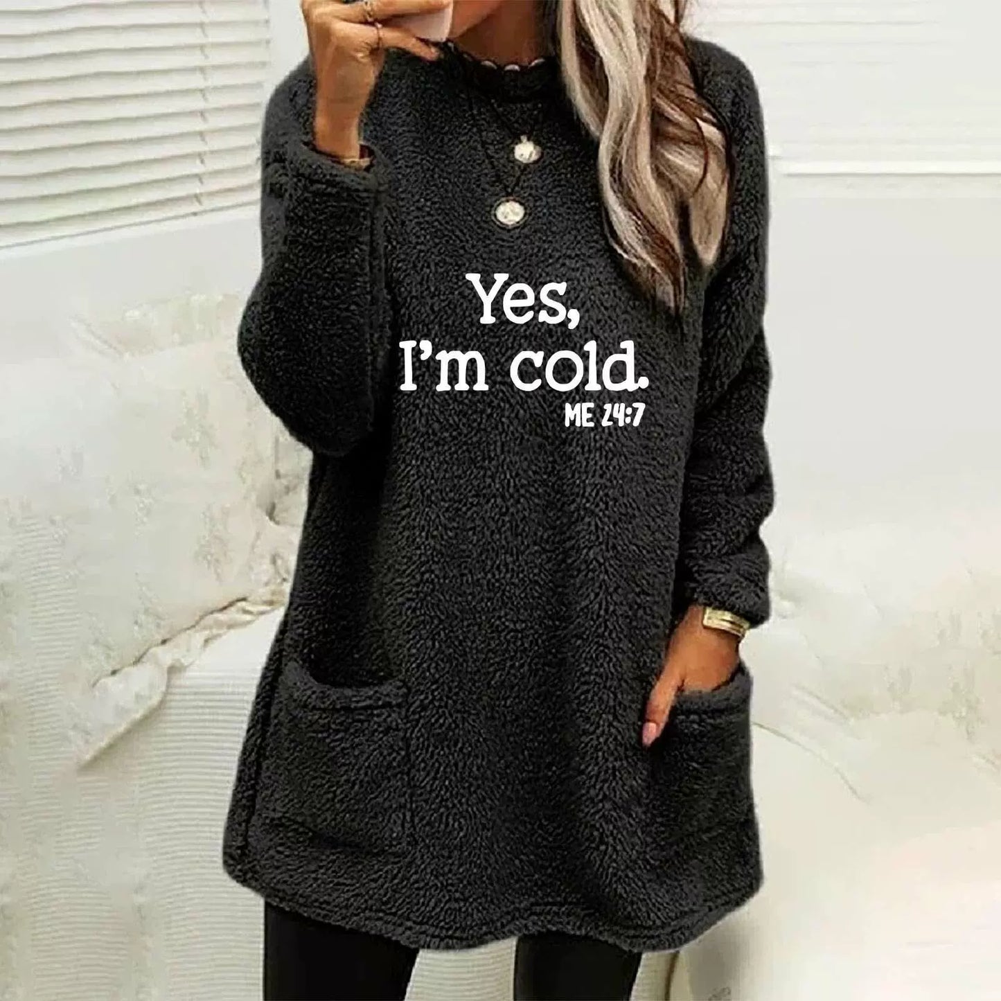 Dam sweatshirt – Oversize passform – Dubbelsidig fleece – Lång ärm – Bokstavstryck – Fickor