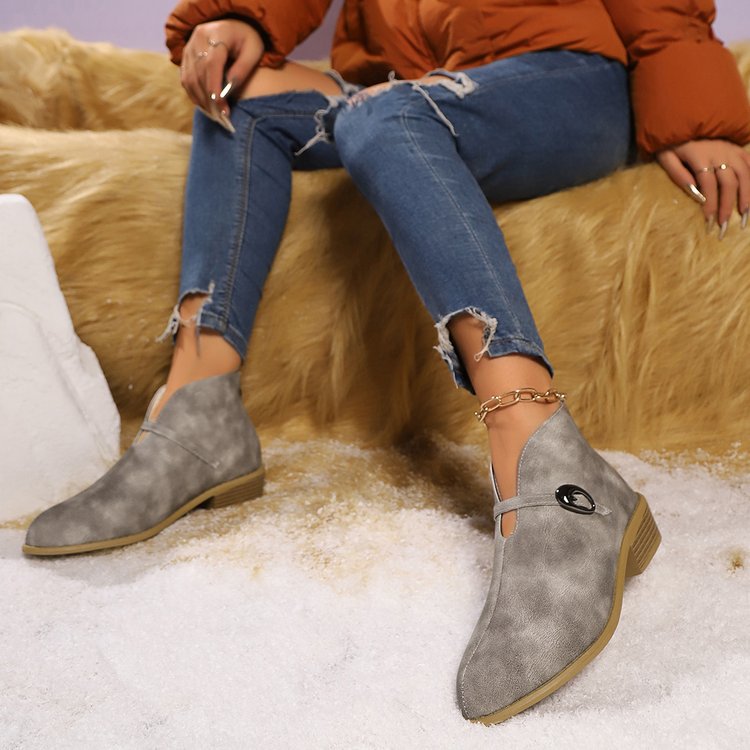Dam Ankelboots – Pointed Toe – Spänndetalj – Låg Blockklack – Stilren Design