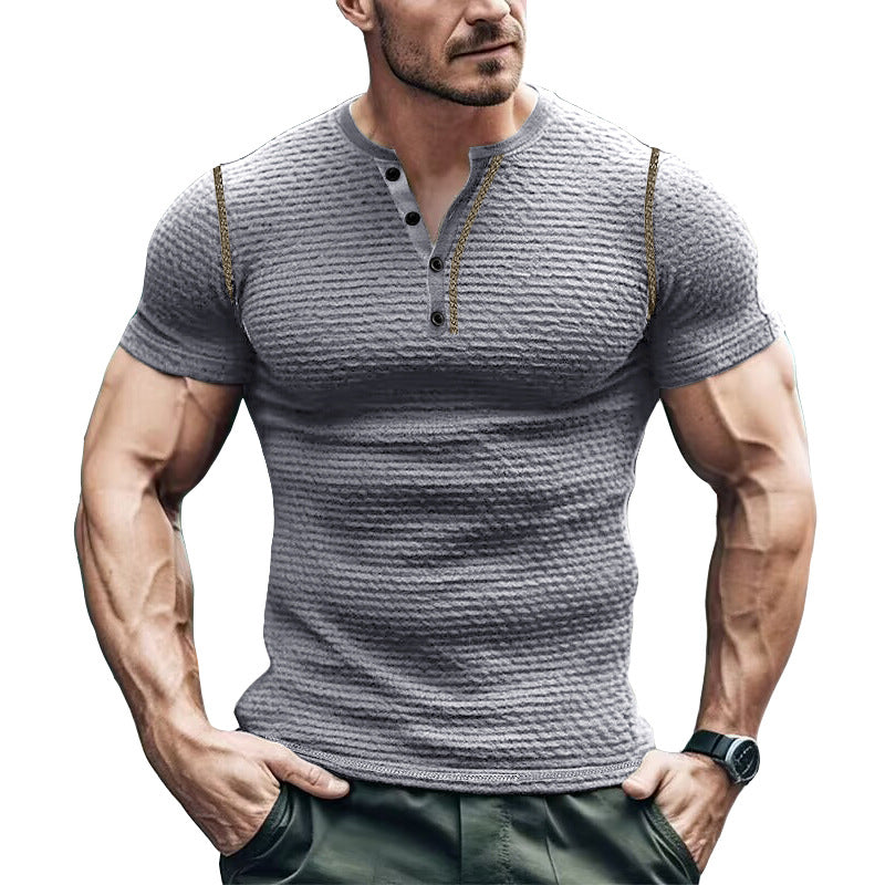 Herr T-shirt Henley – Slim Fit – Waffelstruktur – Kort Ärmslut – Ledig Stil