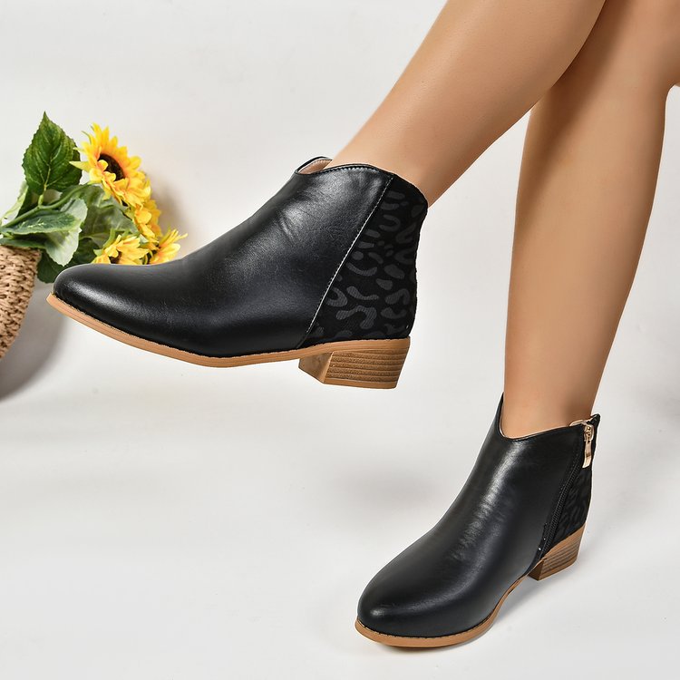 Dam Ankelboots – Snäv Passform – Chunky Klack – Leopardpanel – Dragkedja