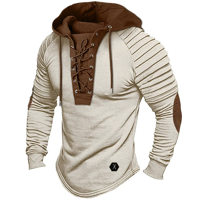 Herr Hooded Pullover – Slim Fit – Snörad V-ringning – Plisserade ärmar – Rundad fåll