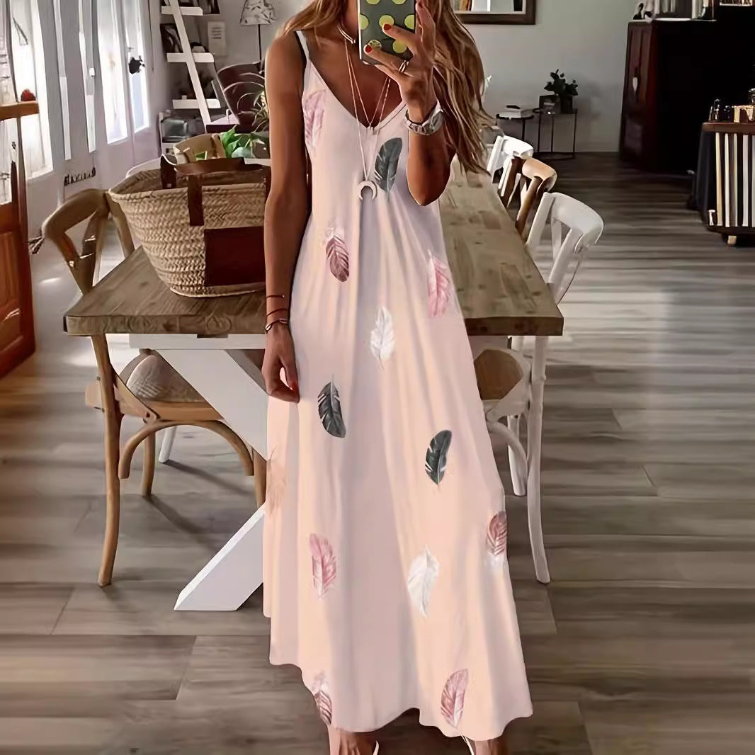 Damklänning – Maxilängd – Ärmlös V-ringning – Lös Passform – Naturmönster