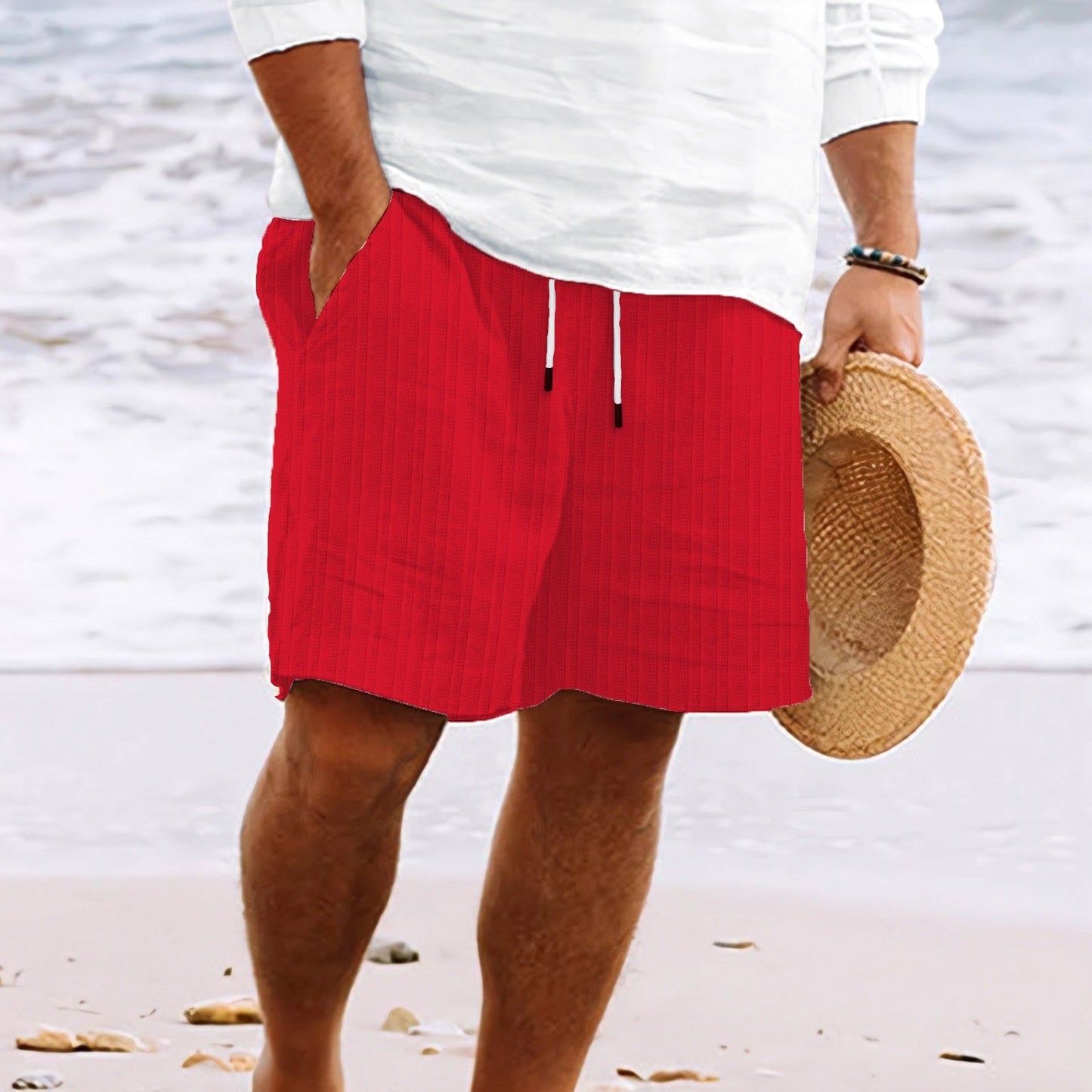 Herrshorts – Bomull Linneblandning – Avslappnad Passform – Dragsko – Flera Fickor