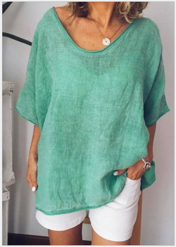 Dam T-shirt – Avslappnad Passform – V-ringning – Kort Ärm – Linne Bomull