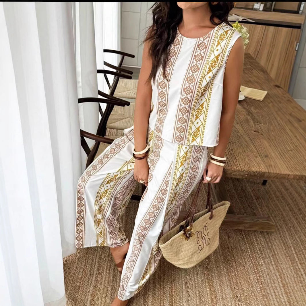 Damset topp och vida byxor – Avslappnad passform – Hög midja – Geometriskt mönster