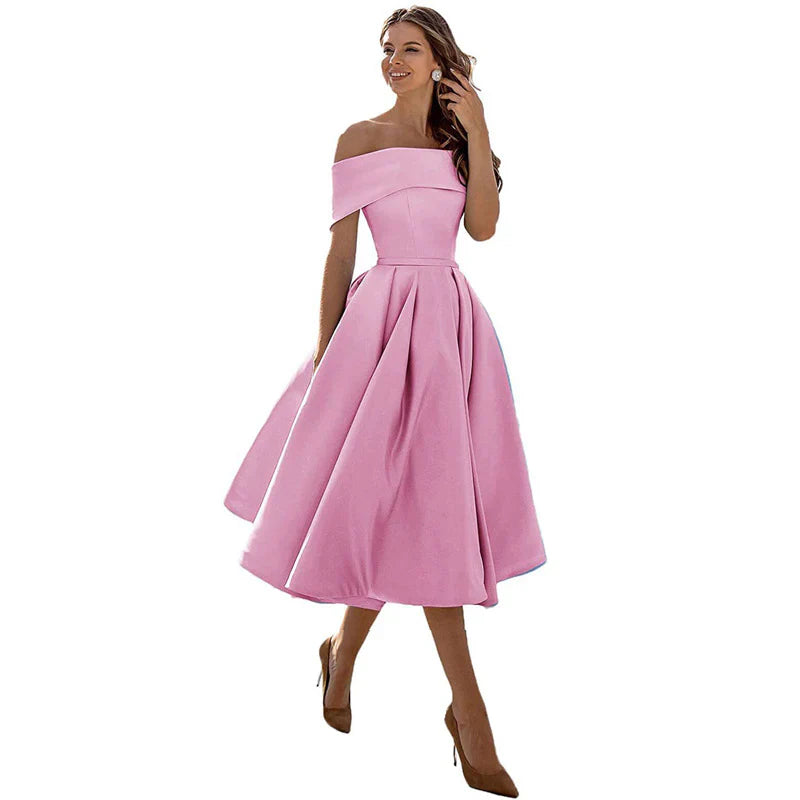 Damklänning – Off-Shoulder – Figurnära Liv – Utställd Kjol – Tealängd Elegant Stil