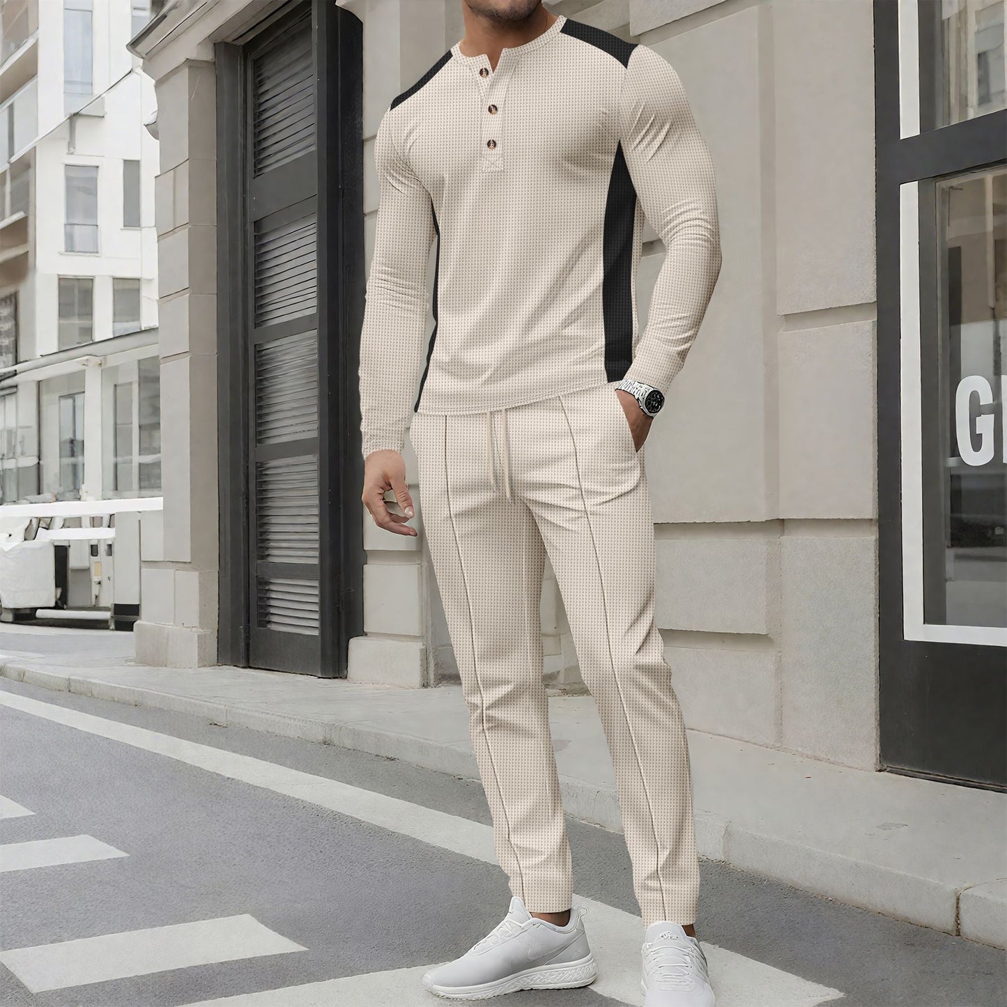 Herr Träningsset – Slim Fit – Långärmad Henley – Avsmalnande Joggerbyxor