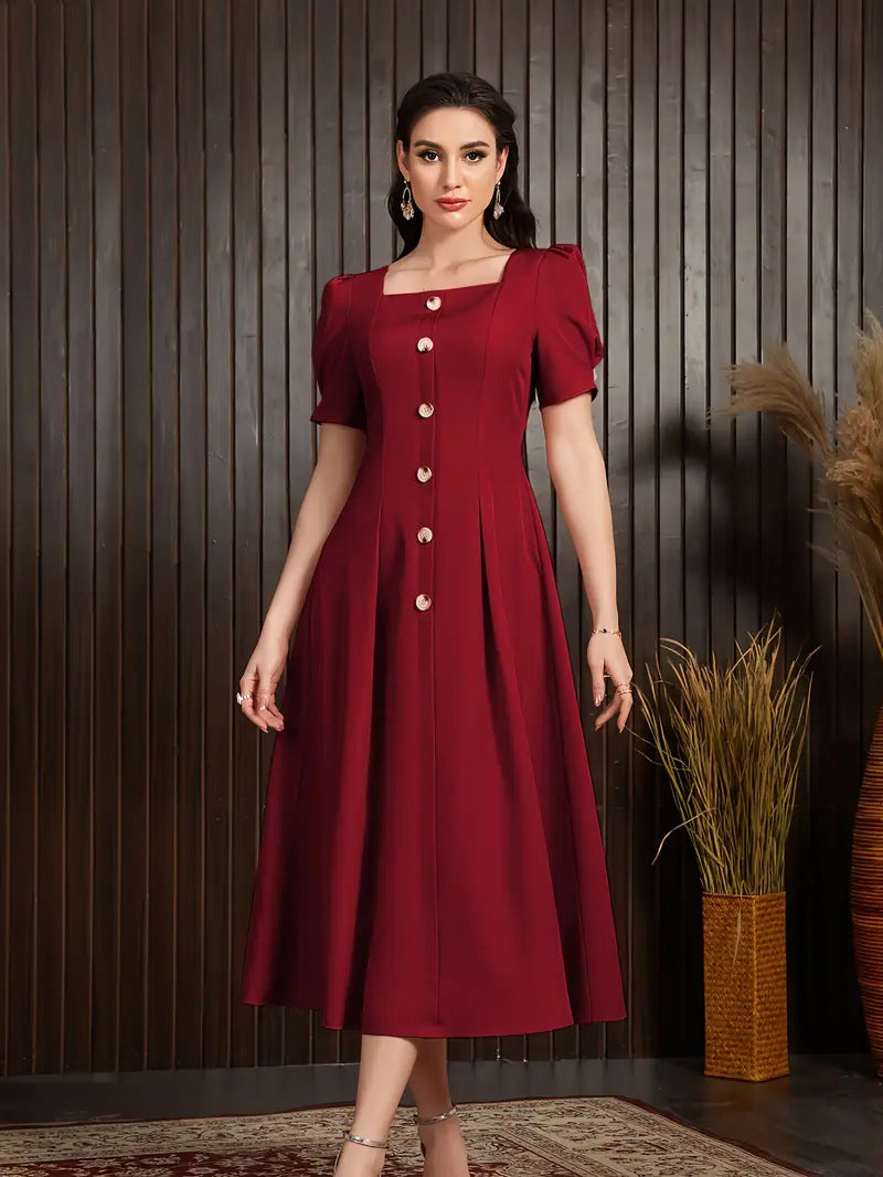 Damklänning – Stickad – Slim Fit – A-Linjeformad – Puffärm – Knäppning framtill