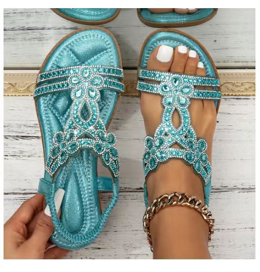Dam Sandaler – Platt Sula – Öppen Tå – Strassdekor – Elastisk Slingback