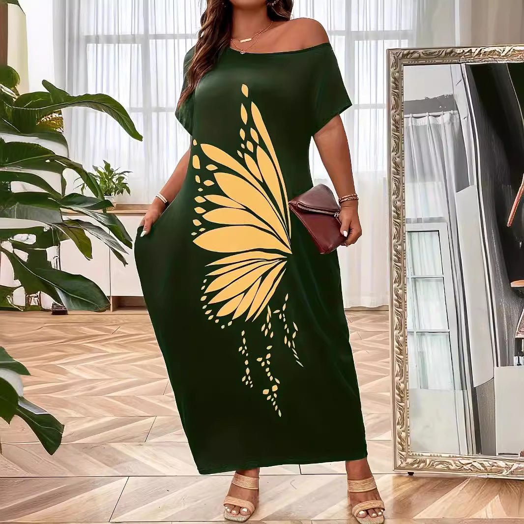 Damklänning – Maxiklänning – Av axel – Ledig passform – Fjärilstryck – Kort ärm