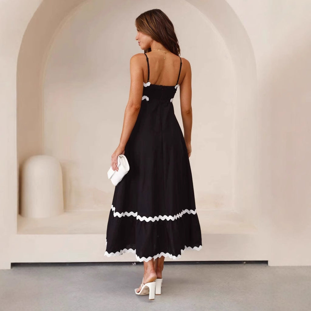 Damklänning maxi – A-linjeformad passform – Spagettiband – Bomull – Boho volangdetalj