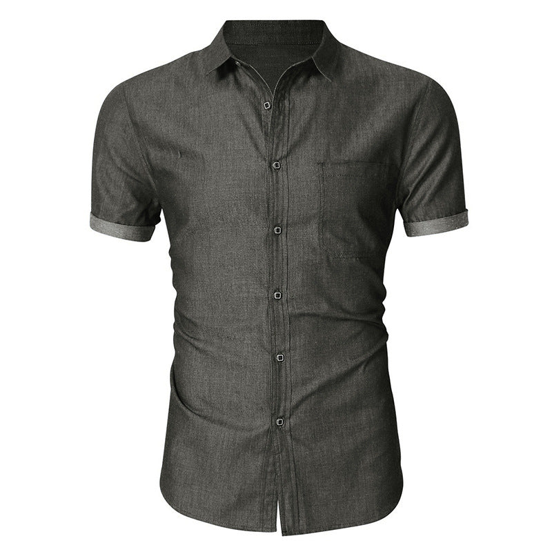 Herrskjorta kortärmad – Slim Fit – Bomull – Bröstficka – Knappstängning
