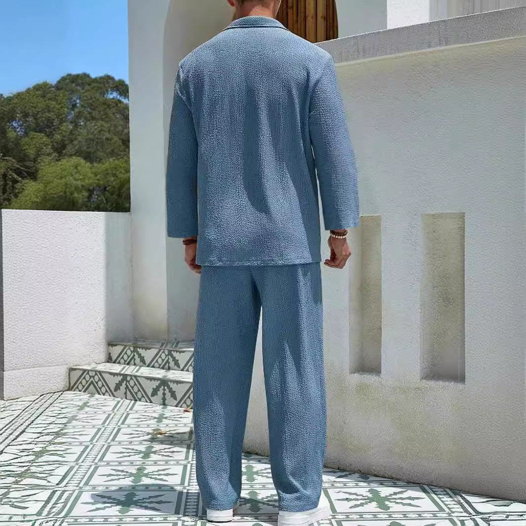 Herr Loungewear-set – Avslappnad Passform – Ribbad Mjuk Trikå – Krage & Hellång Arm