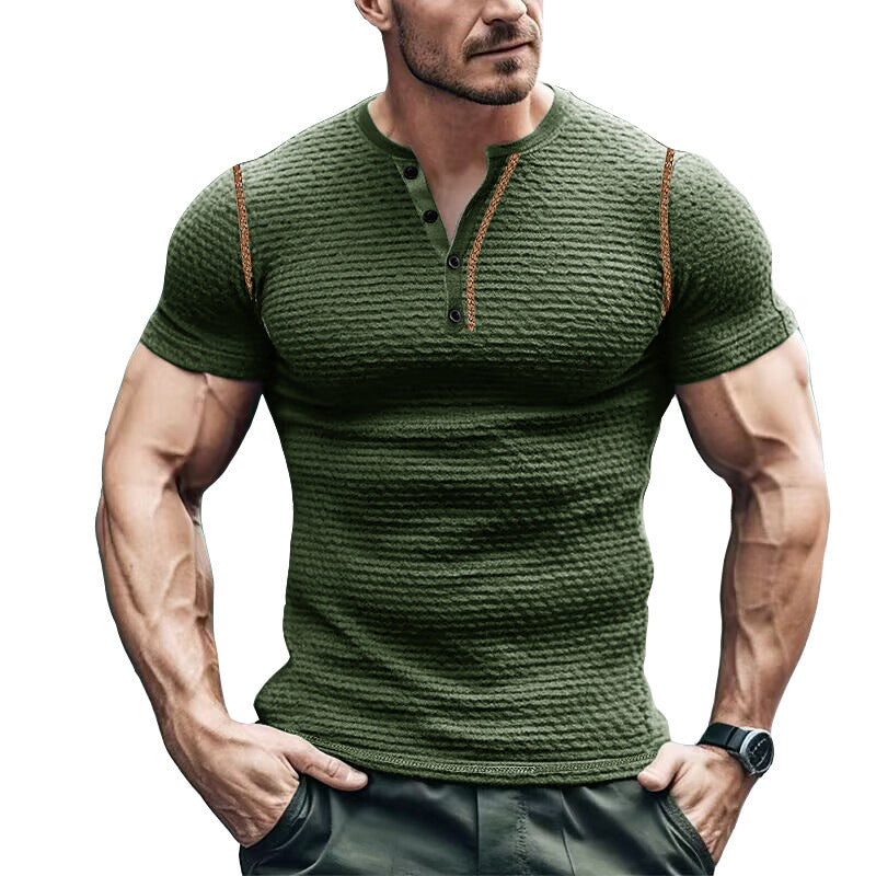 Herr T-shirt Henley – Slim Fit – Waffelstruktur – Kort Ärmslut – Ledig Stil