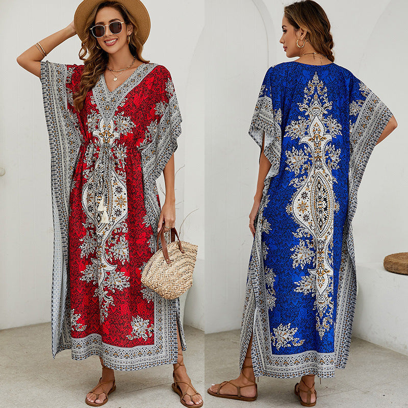 Damklänning maxi – V-ringning – Kort vida ärmar – Lätt lyxigt tyg – Mönstrad design