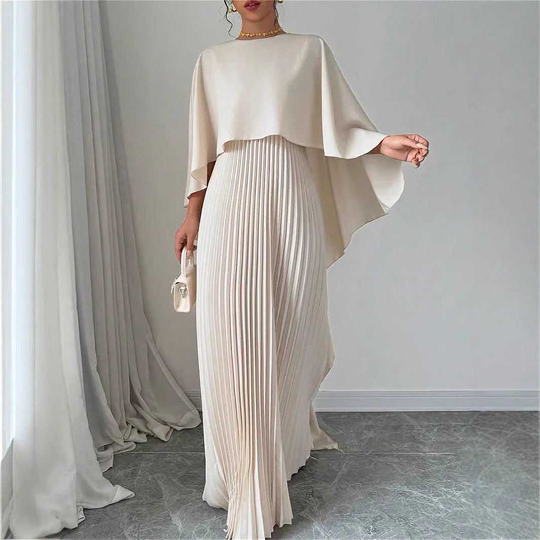 Damklänning Maxi – Veckad Design – Fladderärm – Hög Hals – Lös Passform