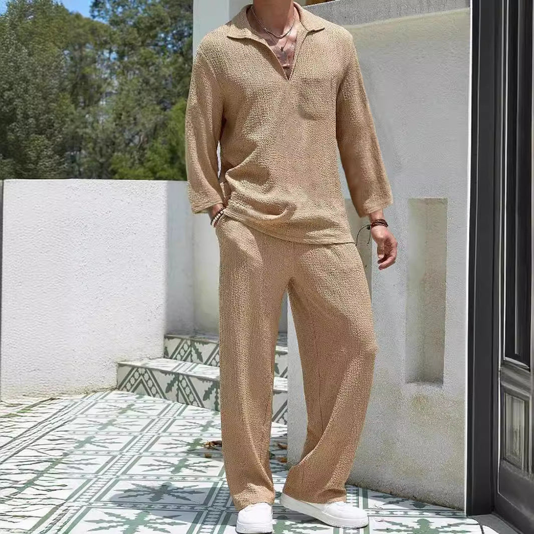Herr Loungewear-set – Avslappnad Passform – Ribbad Mjuk Trikå – Krage & Hellång Arm