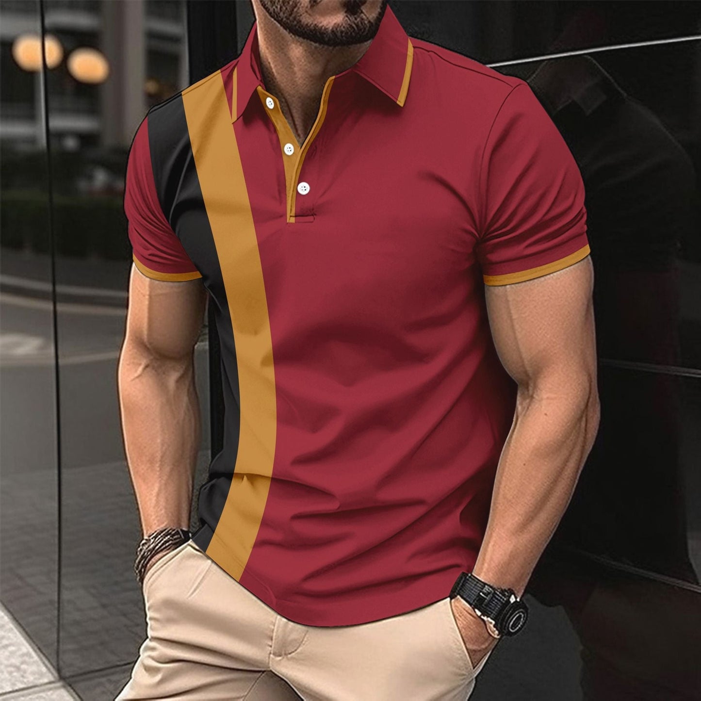 Herr Pikétröja – Slim Fit – Bomullsblandning – Kort Ärm – Sportig Randdetalj