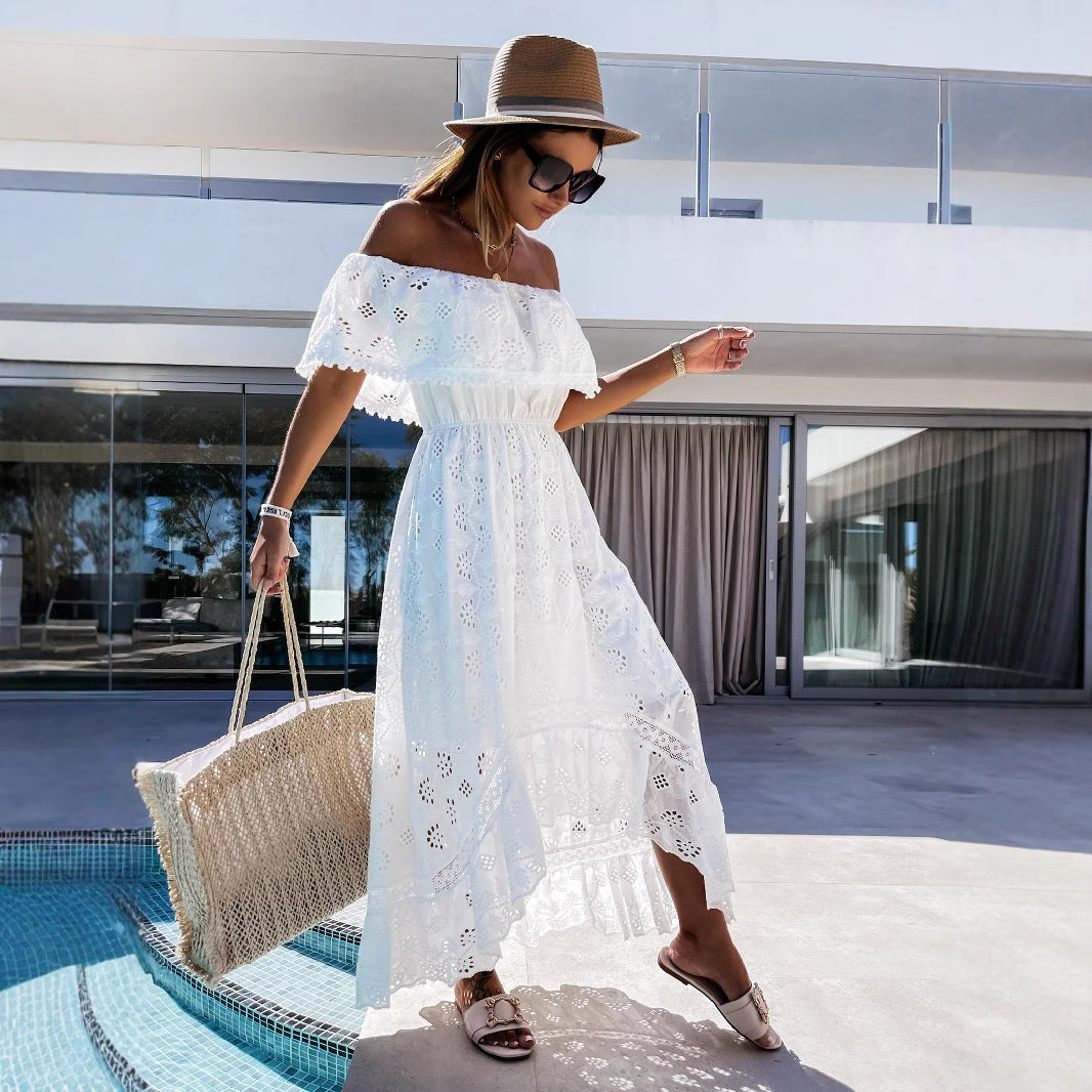 Klänning dam – Off shoulder – Broderad spets – Boho maxilängd – Avslappnad passform
