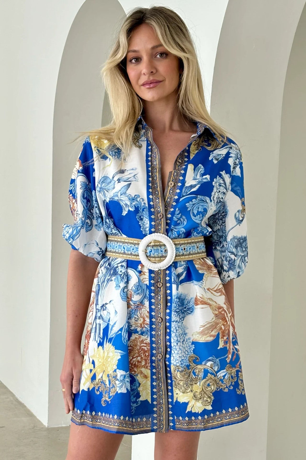 Damklänning A-linje – Bomullsblandning – V-ringning – Puffärm – Mönstrad – Kort