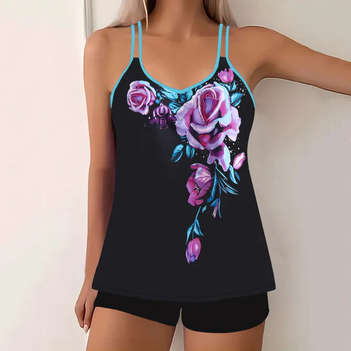 Dam Tankini Set – V-Ringning – Spagettiband – Andningsbart Tyg – Baddräktsbyxor