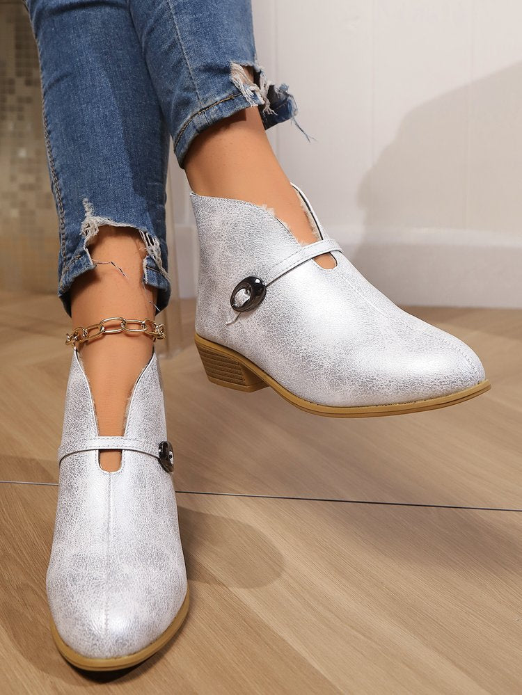 Dam Ankelboots – Pointed Toe – Spänndetalj – Låg Blockklack – Stilren Design