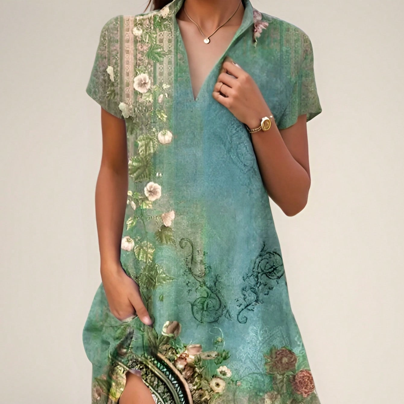 Damklänning maxi – Bohemiskt mönster – Lös passform – Kort ärm – Rund halsringning