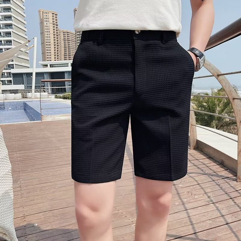 Herrshorts – Slim Fit – Texturerat Vävtyg – Knäppning – Knälångt Snitt